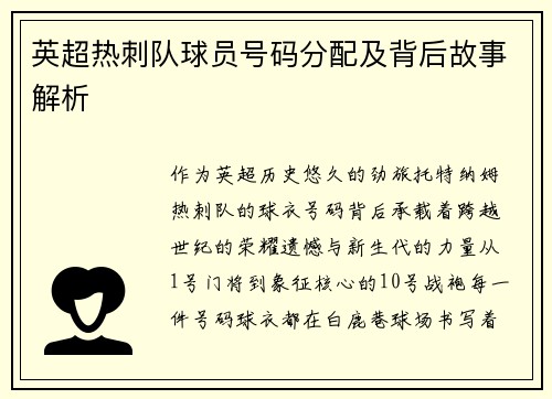 英超热刺队球员号码分配及背后故事解析