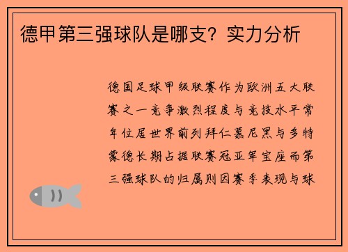 德甲第三强球队是哪支？实力分析